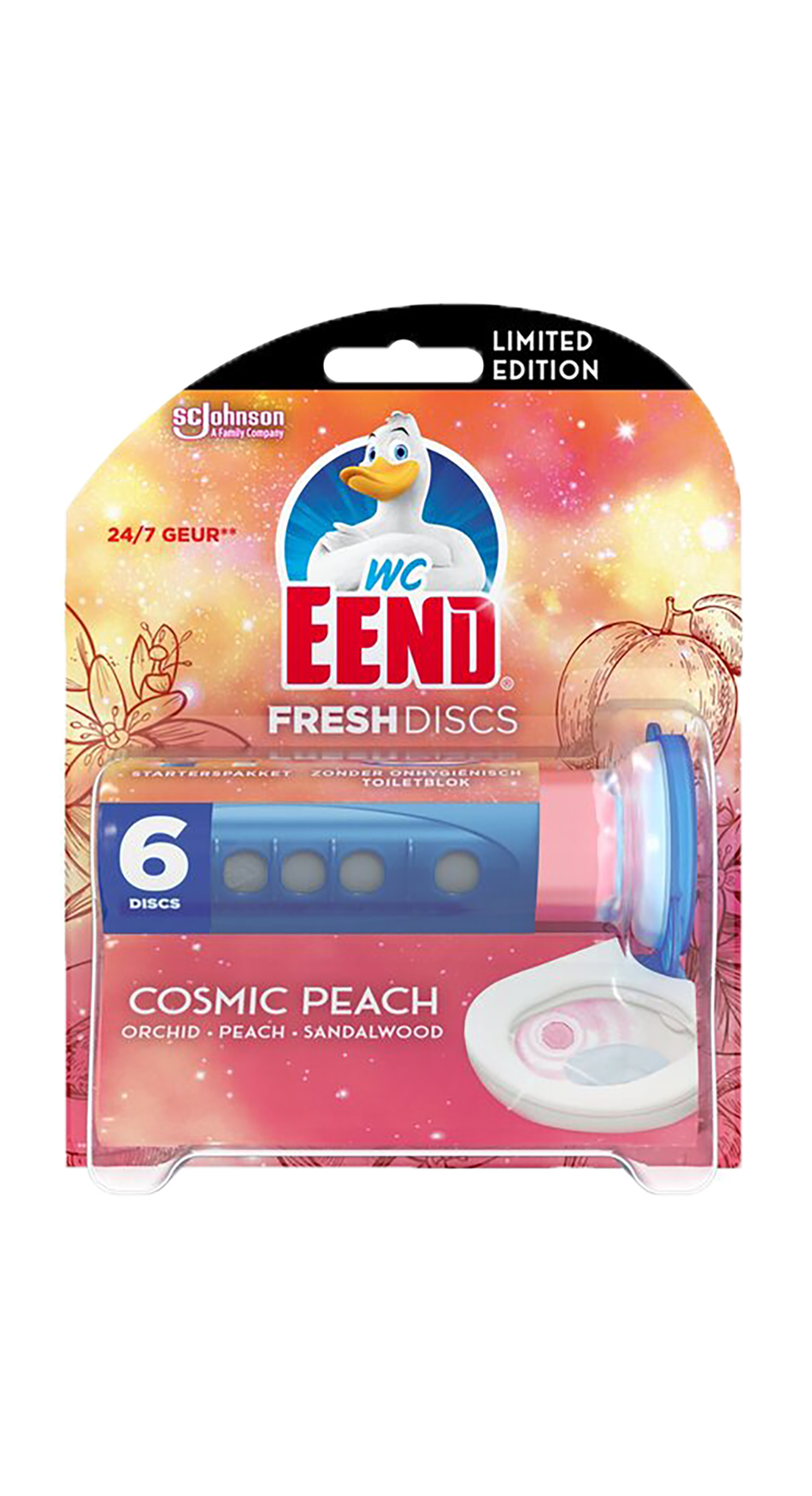 WC Eend Fresh Discs Houder Cosmic Peach 36ml - Houder voor de navulling met een fruitige geur - Inclusief één navulling van 36 ml