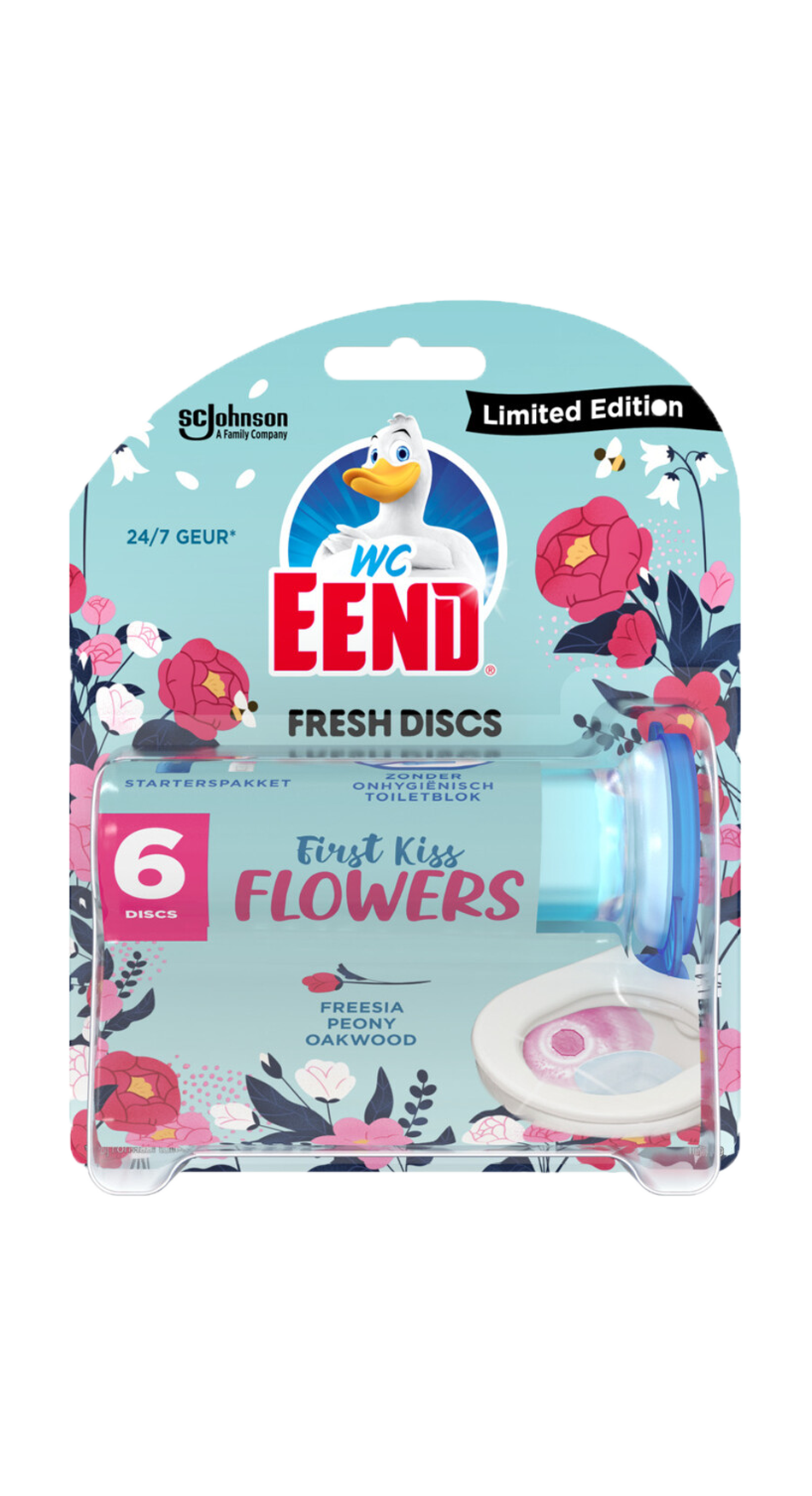 WC Eend Fresh Discs Houder First Flower Kiss 36ml - Houder voor de navulling met een bloemige geur - Inclusief één navulling van 36 ml